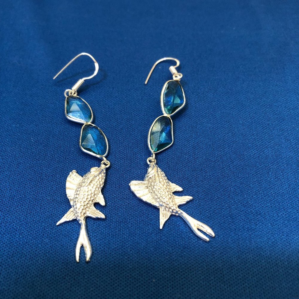Fish~Blue Topaz 925 Sterling Silver Gemstone Earrings  3" Long